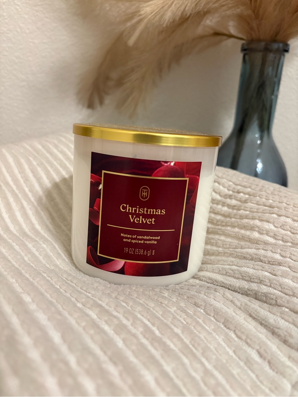 Threshold Holiday Velvet Candle with Gold Lid and Red Label